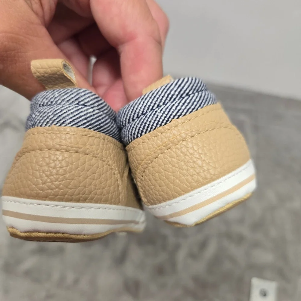 Infant Boys Tan Faux Leather Soft Sole Sneakers Striped Collar Size 1